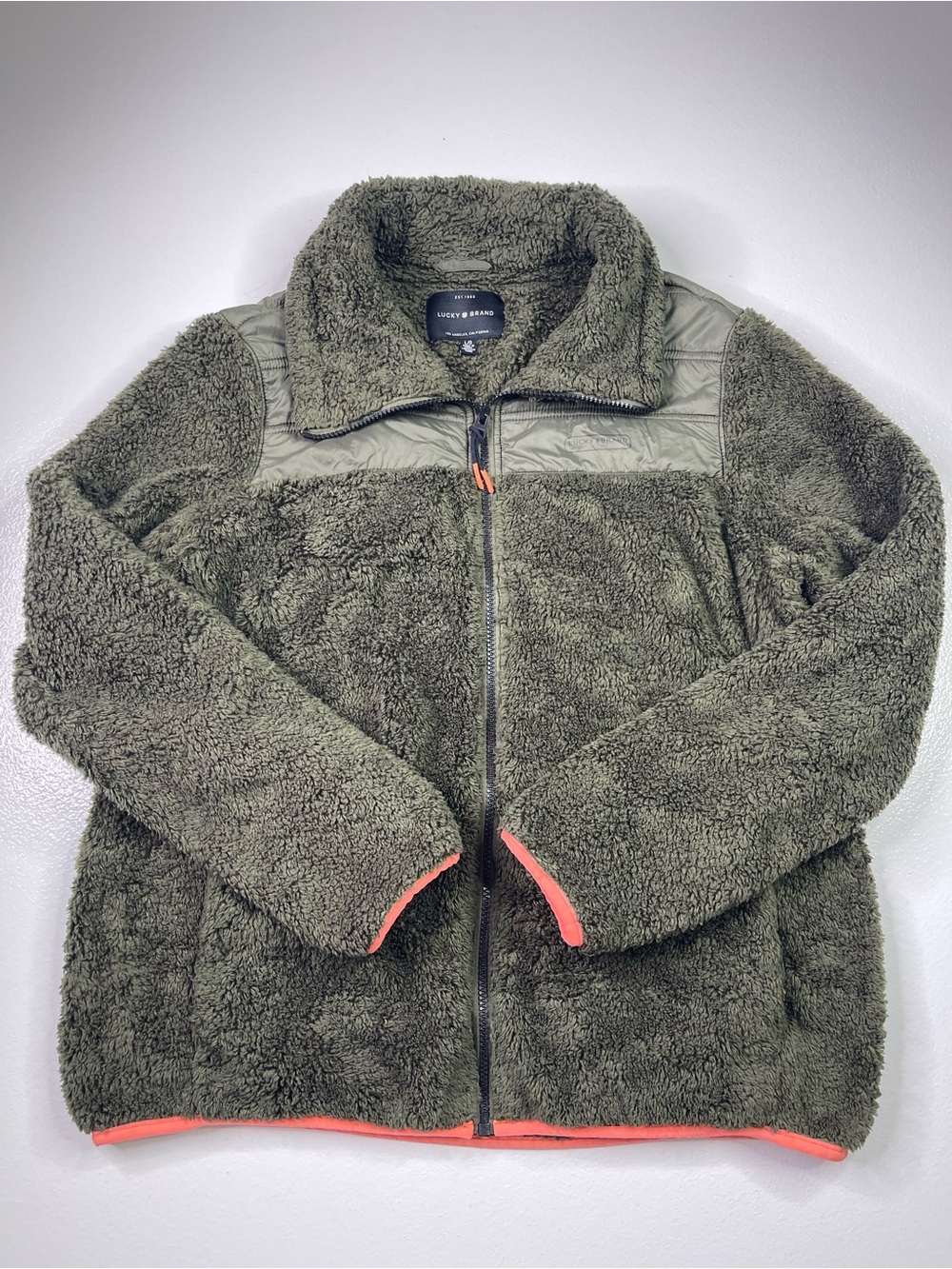 Lucky Brand Olive Green Sherpa Fleece Nylon Trim Jacket Large